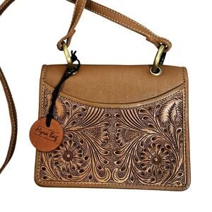 Myra Bag Breeze Wind Hand-Tooled Leather Crossbody Purse Brown Tan Boho Festival